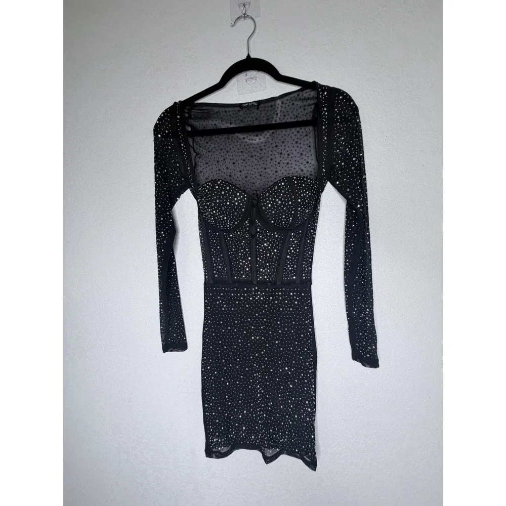 Y2K Black Rhinestone Mesh Corset Mini Dress Small Sheer Bodycon Party‎ Glam